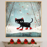 Christmas Wall Art Featuring Black Cat in Red Skates Gliding on Ice in Snowy Forest Whimsical Holiday Illustration Perfect for Cat Lovers and Winter Home Decor on Ready to Hang 1.5" Thick Canvas Wrap, Floating Framed Canvas, Flat Rolled Canvas